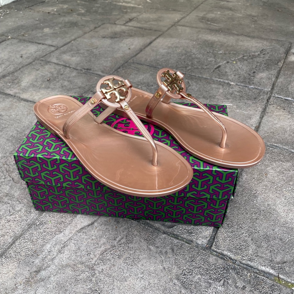 Tory Burch Metallic Rose Gold Jelly Sandals